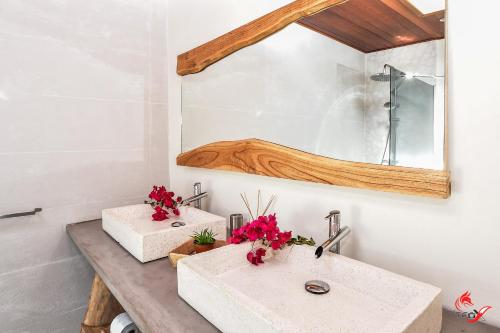 勒罗贝尔Villa Fleur d'O的浴室内设有2个水槽,配有镜子和鲜花