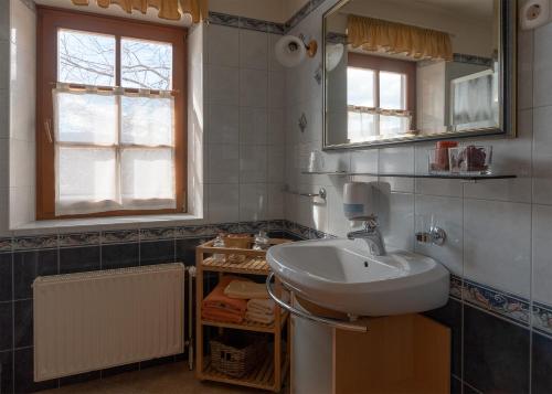 勒什图利潘宾馆的一间带水槽和镜子的浴室