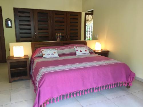 Barra de PotosiUn Escondite Mágico的一间卧室配有一张带两盏灯的大型粉红色床。