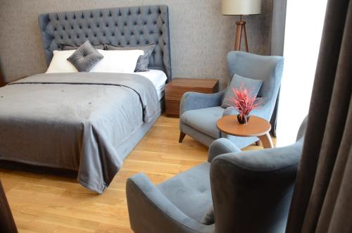 伊斯坦布尔Teknosports Otel的一间卧室配有一张床、两把椅子和一张桌子