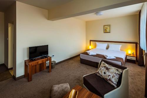 KharmanliFamily Hotel Bulgaria的配有一张床和一台平面电视的酒店客房