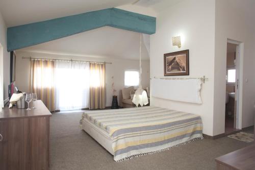 洛泽内茨Hotel Laguna的一间卧室设有一张床和蓝色的天花板