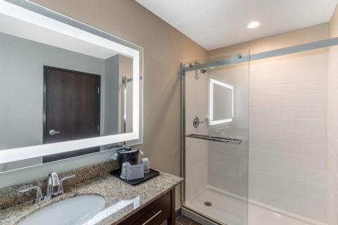 丹佛Sleep Inn & Suites Denver International Airport的带淋浴、盥洗盆和镜子的浴室