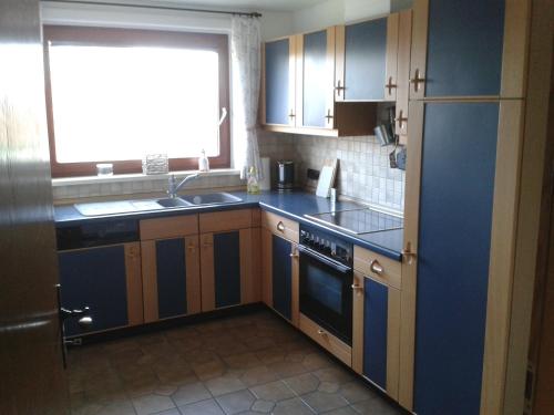 维岑多夫Ferienwohnung Christ的厨房配有蓝色橱柜、水槽和窗户。