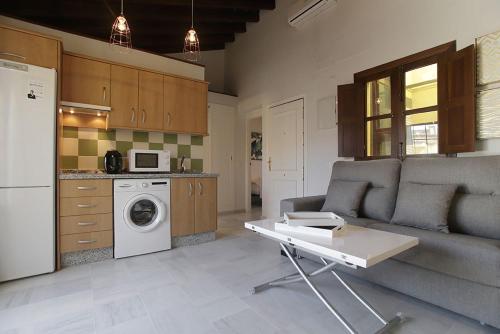 塞维利亚ALOJAMIENTO EN SEVILLA-TRIANA的带沙发的客厅和厨房