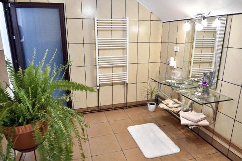 塔古玖Upstairs Residence的浴室设有镜子、桌子和植物