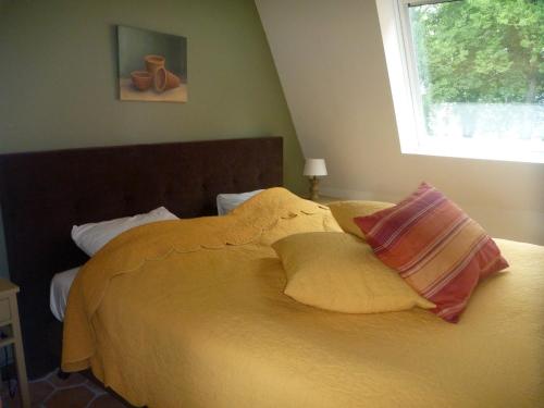斯希蒙尼克奥赫阿姆布罗斯酒店的一张黄色的床,配有两个枕头和窗户