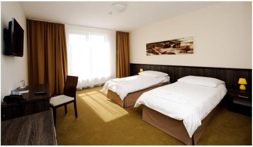 特伦钦Hotel Mariana Gaborika的酒店客房设有两张床和电视。