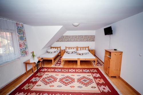 普拉伊德Pensiunea Soare si Luna的客厅配有2张桌子和地毯