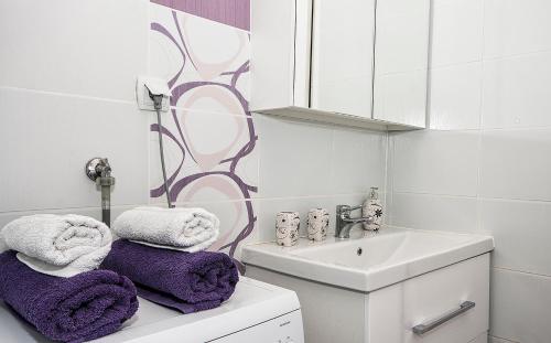 普利特维采湖Studio Blue Ivy的浴室设有位于水槽顶部的紫色毛巾