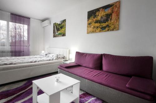 普利特维采湖Studio Blue Ivy的客厅配有紫色沙发和床。