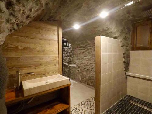 蒂涅le mazot d'urbain的石质浴室设有水槽和淋浴。