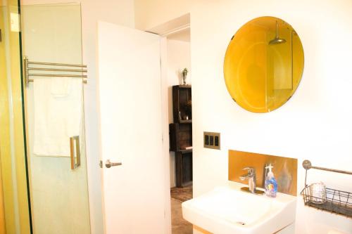 洛杉矶Ocean Front Vortex Female Hostel private rooms Free bikes的浴室设有水槽和墙上的镜子