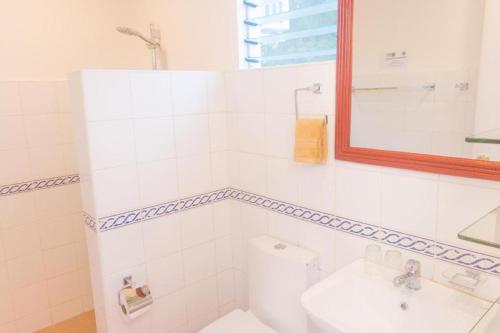 邦劳Alona Vida Beach Hill Resort的一间带卫生间、水槽和镜子的浴室