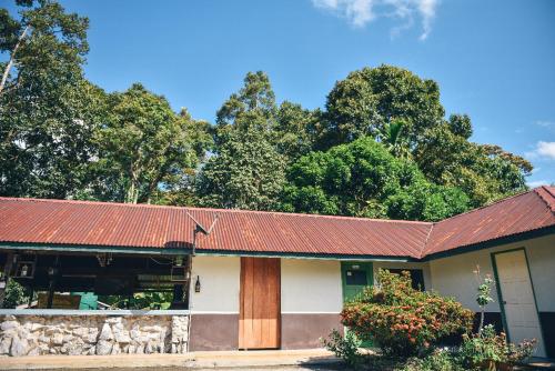 LunduBasari Guest House的一座有红色屋顶和一些树木的房子