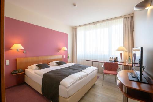 施科伊迪茨格鲁巴纳机场酒店的配有一张床和一张书桌的酒店客房