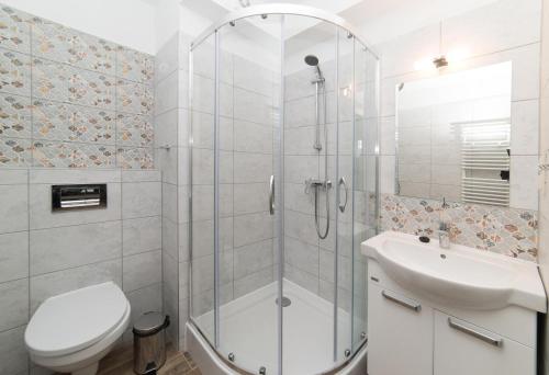 乌斯特卡Apartamenty Ewa II的带淋浴、卫生间和盥洗盆的浴室