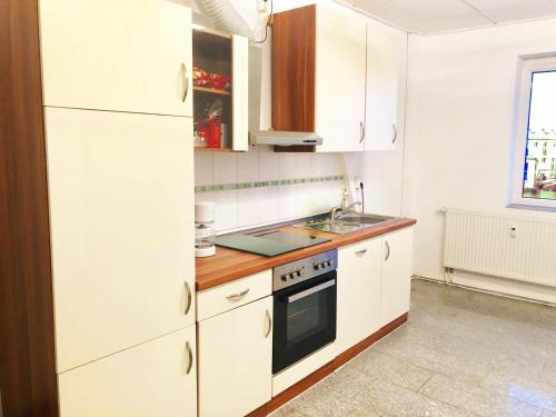 施科伊迪茨#WORLD Monteurzimmer的厨房配有白色橱柜和水槽