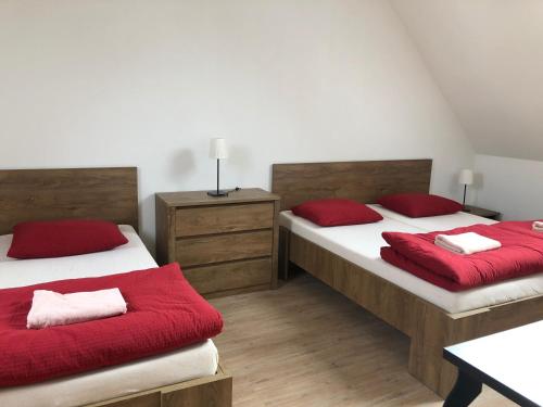 穆捷尼采U Vinařství的一间卧室配有两张带红色枕头和桌子的床