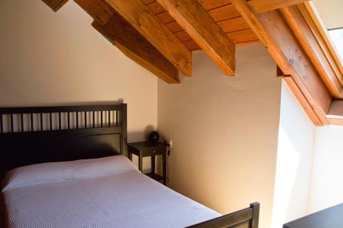 埃斯特里-德阿内乌Cau d Aneu Duplex en el centro d Esterri d Aneu的一间卧室设有一张床和木制天花板