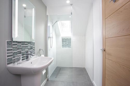 皮特洛赫里Dunmurray Lodge Guesthouse and Loft Apartment的白色的浴室设有水槽和淋浴。