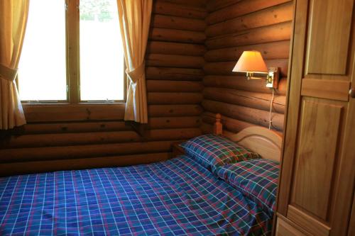 伊文格瑞Highgarry Lodges的木制客房内的一间卧室,配有一张床