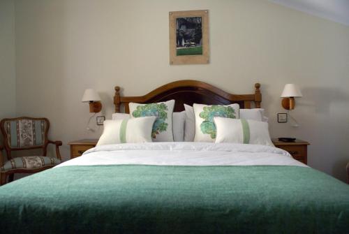科瓦东加Casa Rural Priena的一间卧室配有一张带绿毯的大床