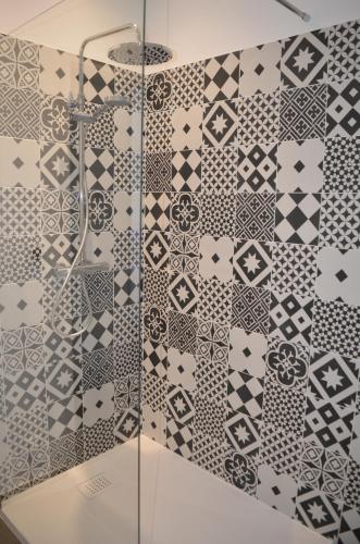 特雷伯尔当托埃诺酒店的一间带淋浴的浴室和瓷砖墙