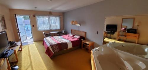 利明顿城镇乡村汽车旅馆的一间卧室配有一张床、一个浴缸和一台电视。