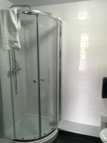 梅尔罗斯Kings Arms Hotel的浴室里设有玻璃门淋浴