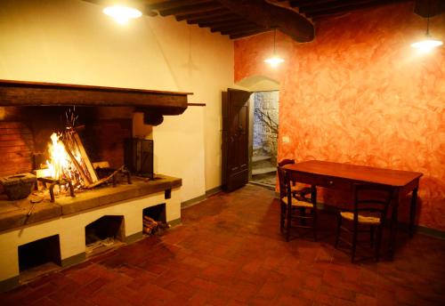 基安蒂格雷夫Il Papavero - Montefioralle Apartment的客厅设有壁炉、桌子和桌子