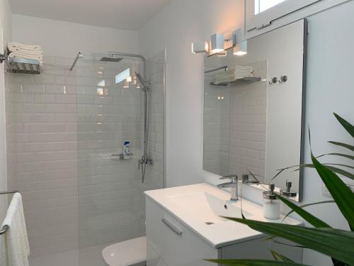 圣巴尔托洛梅Princesa Ico, cerca del mar的白色的浴室设有水槽和淋浴。