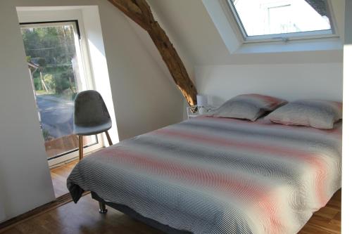 Artannes-sur-IndreGite du Moulin de Balzac的一间卧室配有一张带窗户和椅子的床