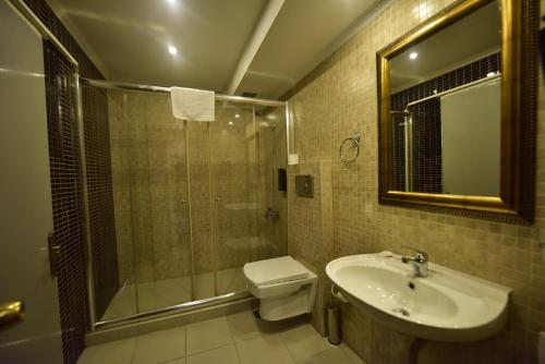 伊斯坦布尔托普卡帕酒店的带淋浴、卫生间和盥洗盆的浴室