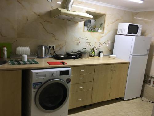 利沃夫Hotel Rafinad的厨房配有洗衣机和冰箱。
