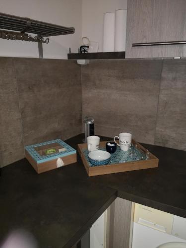 普罗旺斯艾克斯studio hypercentre courteissade的厨房柜台,上面有两个盘子和杯子