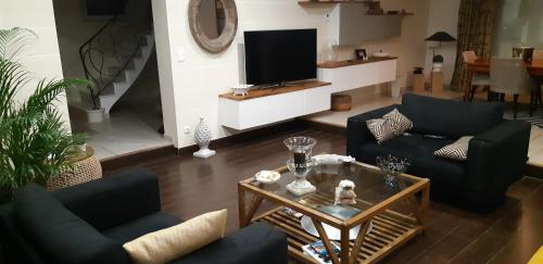 Sargé Les Le Mans Villa du Courboulay的客厅配有两张沙发和一台电视机