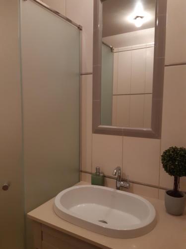 MikitamÃ¤eSavimäe puhkemaja的浴室设有白色水槽和镜子