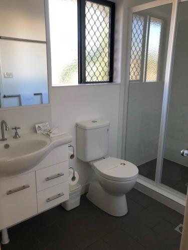 Biloela比洛拉棕榈汽车旅馆的浴室配有卫生间、盥洗盆和淋浴。