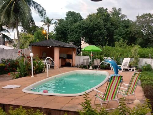伊塔帕里卡Casa Ilha de Itaparica的一个带两把草坪椅和玩具海豚的游泳池