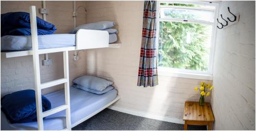 因弗莫里斯顿Loch Ness Lochside Hostel, Over 16s Only的客房设有两张双层床和一扇窗户。