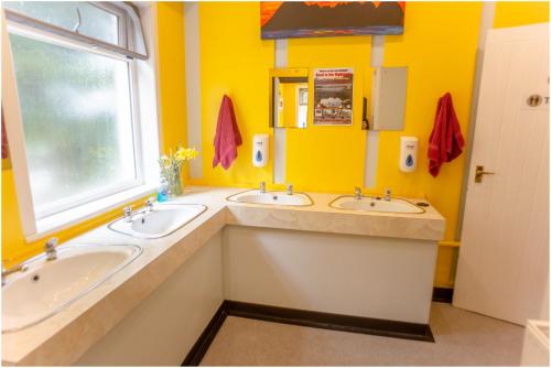 因弗莫里斯顿Loch Ness Lochside Hostel, Over 16s Only的黄色的浴室设有两个盥洗盆和窗户