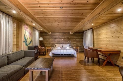 哈尔基斯Hotel Anthidon Estate的一间卧室配有一张床、一张沙发和一张桌子