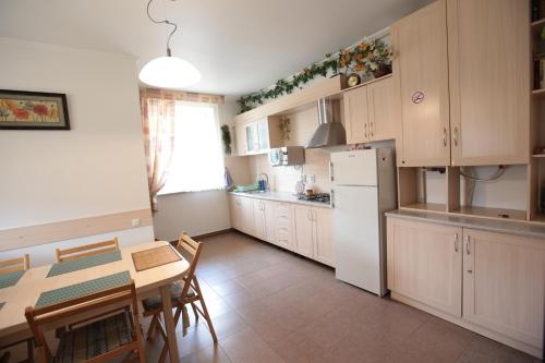 特鲁斯卡韦茨Апартаменти в центрі Трускавця的厨房配有桌子和白色冰箱。