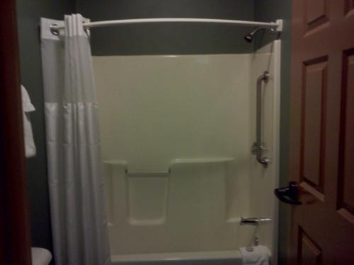 巴克斯特布雷纳德湖阿罗伍德酒店的一间带白色淋浴帘的浴室