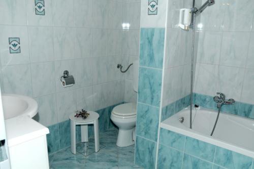 博希尼Hotel Tripič, restaurant and pizzeria的浴室配有卫生间、浴缸和水槽。
