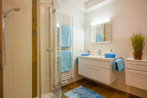 凯撒山麓舍福Appartement Hoschek的带淋浴、盥洗盆和镜子的浴室