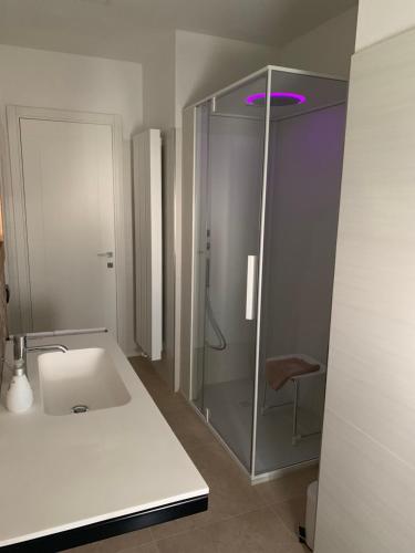 阿科Appartamenti Villa Sonia的带淋浴和白色盥洗盆的浴室