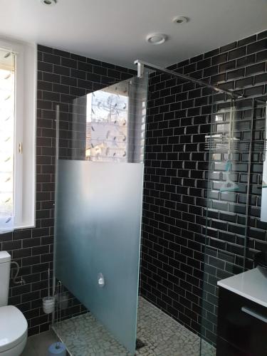 ArbonneEtape forêt Fontainebleau climb & randonnées的浴室设有卫生间和黑色瓷砖淋浴。