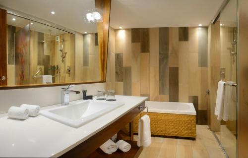 瓜达拉哈拉Hard Rock Hotel Guadalajara的浴室配有水槽、淋浴和浴缸。